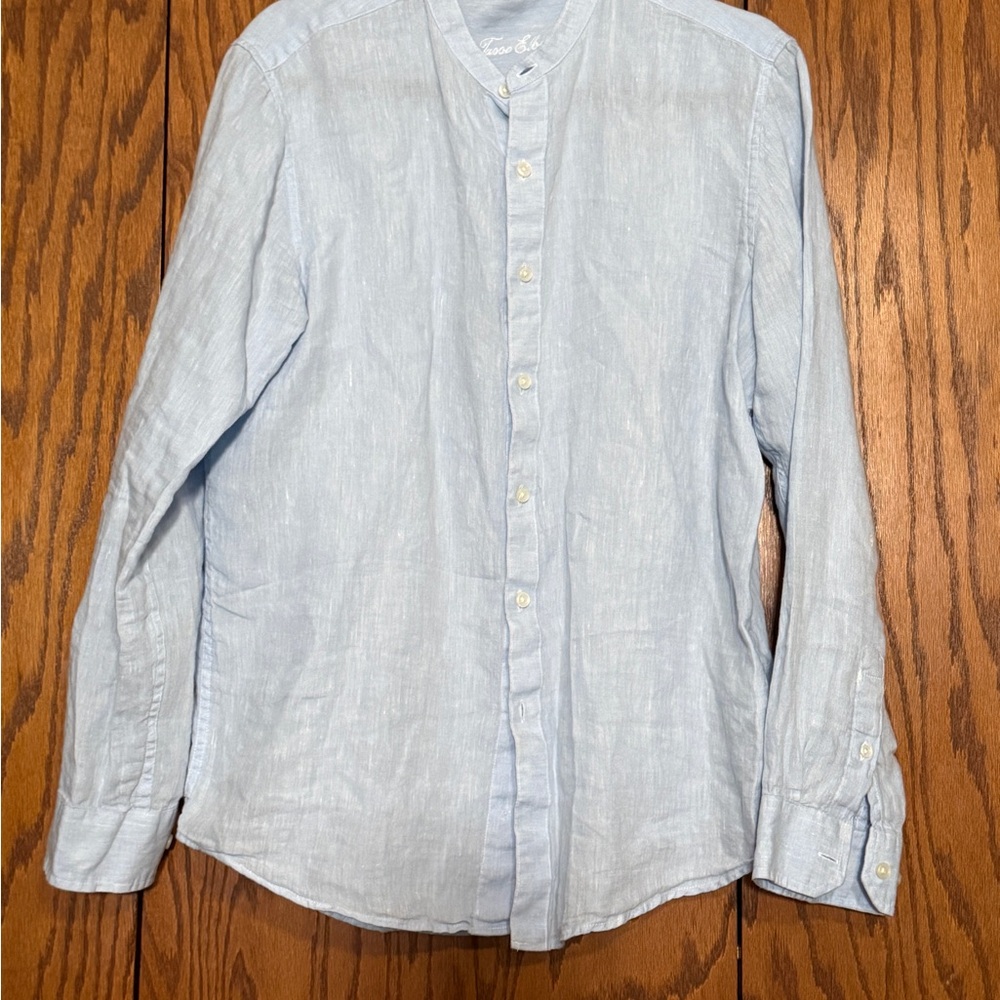 Tasso Elba Men’s Linen Shirt Medium Blue Button Up Casual Long Sleeve